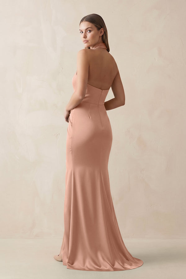 Halter Ruched Sheath Satin Bridesmaid Dress in Rosette - KissProm Bridesmaid Dresses