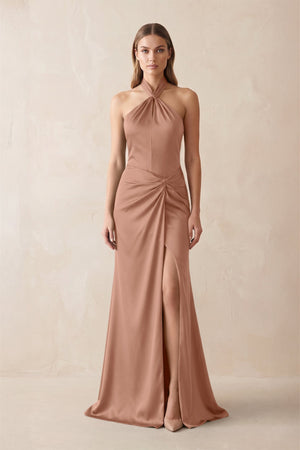 Halter Ruched Sheath Satin Bridesmaid Dress in Rosette - KissProm Bridesmaid Dresses