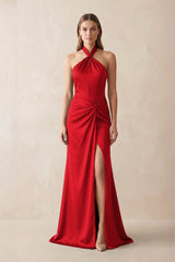 Halter Ruched Sheath Satin Bridesmaid Dress in Ruby Red - KissProm Bridesmaid Dresses