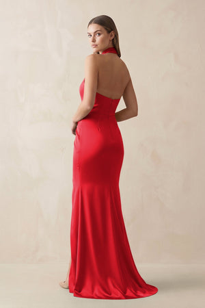 Halter Ruched Sheath Satin Bridesmaid Dress in Ruby Red - KissProm Bridesmaid Dresses