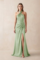 Halter Ruched Sheath Satin Bridesmaid Dress in Sage - KissProm Bridesmaid Dresses