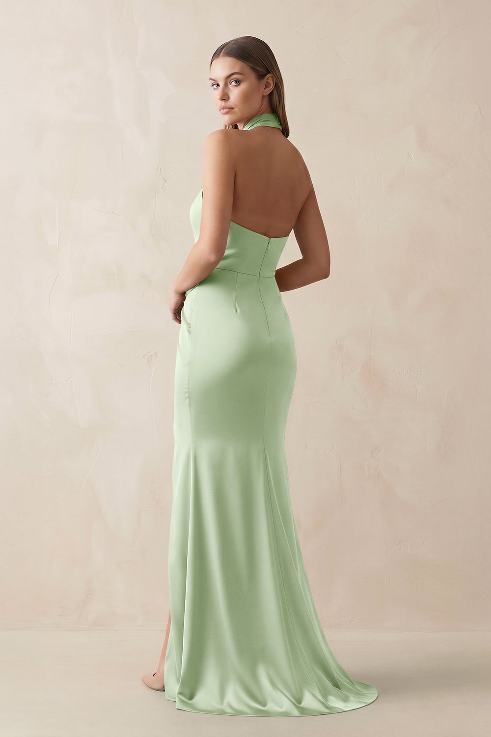 Halter Ruched Sheath Satin Bridesmaid Dress in Sage - KissProm Bridesmaid Dresses
