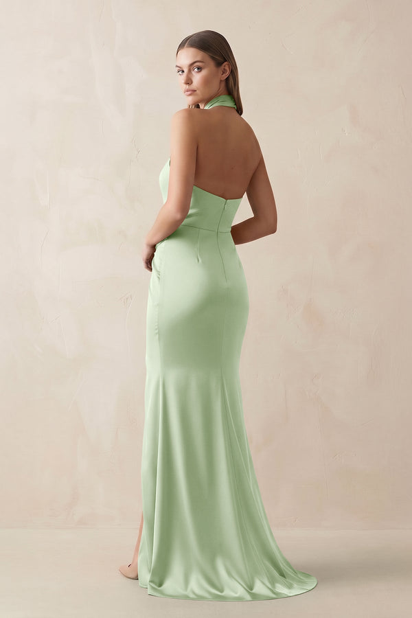 Halter Ruched Sheath Satin Bridesmaid Dress in Sage - KissProm Bridesmaid Dresses