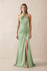 Halter Ruched Sheath Satin Bridesmaid Dress in Sage - KissProm Bridesmaid Dresses