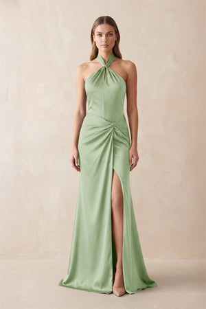 Halter Ruched Sheath Satin Bridesmaid Dress in Sage - KissProm Bridesmaid Dresses