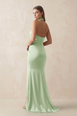 Halter Ruched Sheath Satin Bridesmaid Dress in Sage - KissProm Bridesmaid Dresses