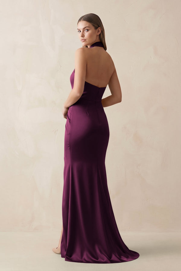 Halter Ruched Sheath Satin Bridesmaid Dress in Sangria - KissProm Bridesmaid Dresses