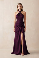 Halter Ruched Sheath Satin Bridesmaid Dress in Sangria - KissProm Bridesmaid Dresses