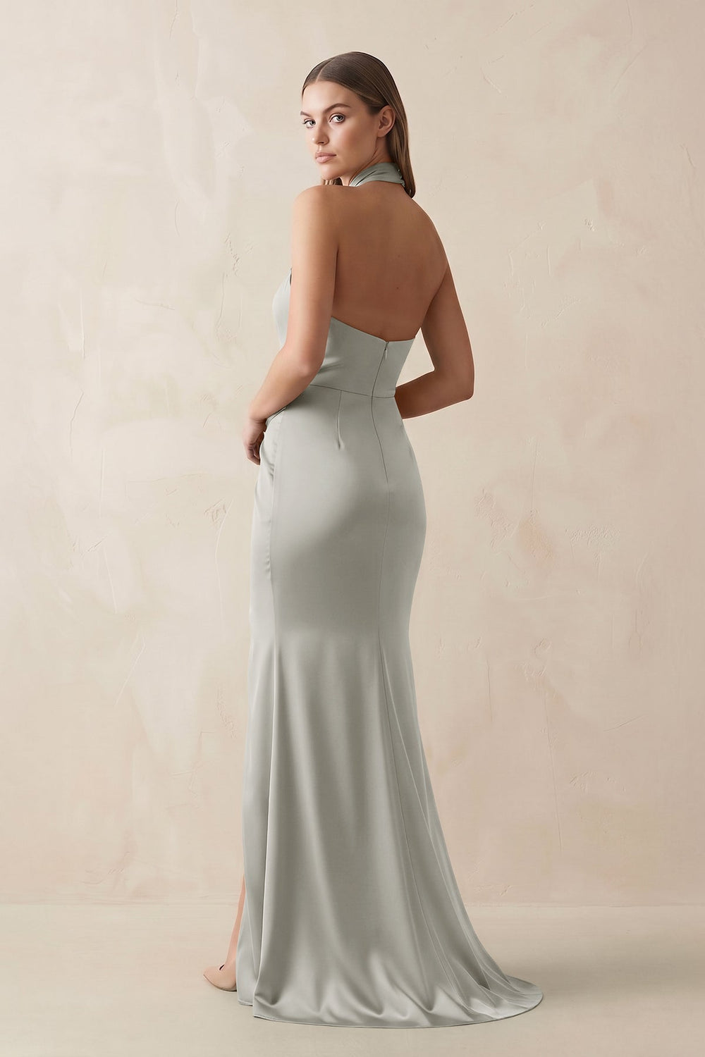 Halter Ruched Sheath Satin Bridesmaid Dress in Silver - KissProm Bridesmaid Dresses