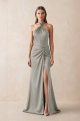 Halter Ruched Sheath Satin Bridesmaid Dress in Silver - KissProm Bridesmaid Dresses