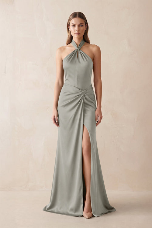 Halter Ruched Sheath Satin Bridesmaid Dress in Silver - KissProm Bridesmaid Dresses