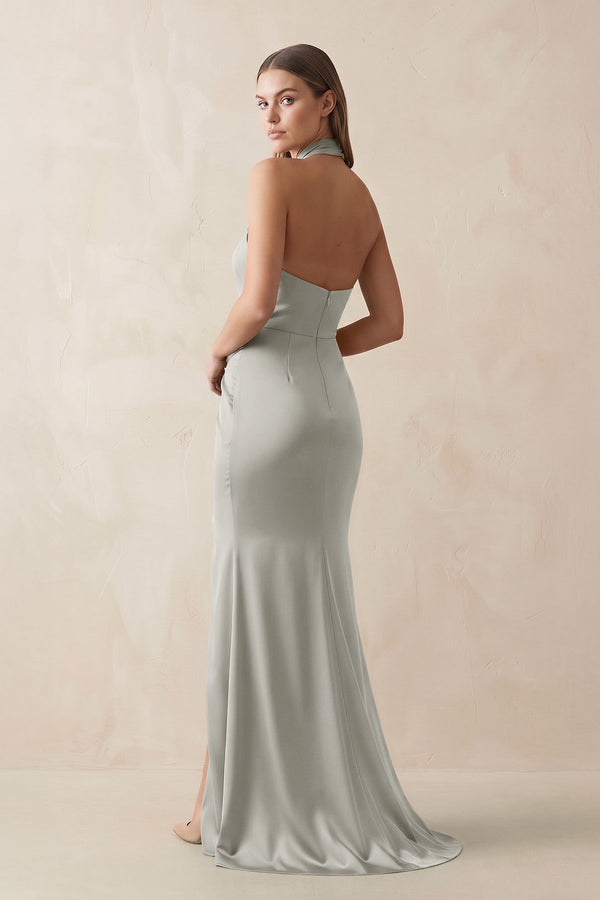 Halter Ruched Sheath Satin Bridesmaid Dress in Silver - KissProm Bridesmaid Dresses