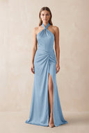 Halter Ruched Sheath Satin Bridesmaid Dress in Sky Blue - KissProm Bridesmaid Dresses