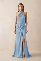 Halter Ruched Sheath Satin Bridesmaid Dress in Sky Blue - KissProm Bridesmaid Dresses
