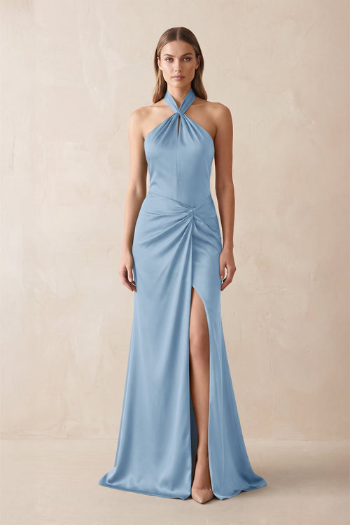 Halter Ruched Sheath Satin Bridesmaid Dress in Sky Blue - KissProm Bridesmaid Dresses