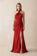 Halter Ruched Sheath Satin Bridesmaid Dress in Spice - KissProm Bridesmaid Dresses