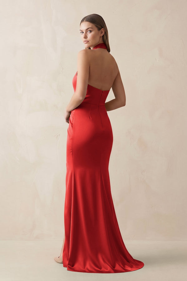 Halter Ruched Sheath Satin Bridesmaid Dress in Spice - KissProm Bridesmaid Dresses