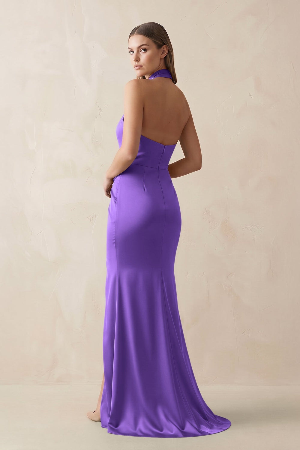 Halter Ruched Sheath Satin Bridesmaid Dress in Tahiti - KissProm Bridesmaid Dresses