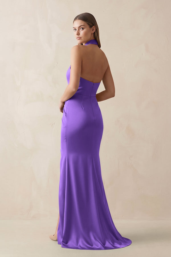 Halter Ruched Sheath Satin Bridesmaid Dress in Tahiti - KissProm Bridesmaid Dresses