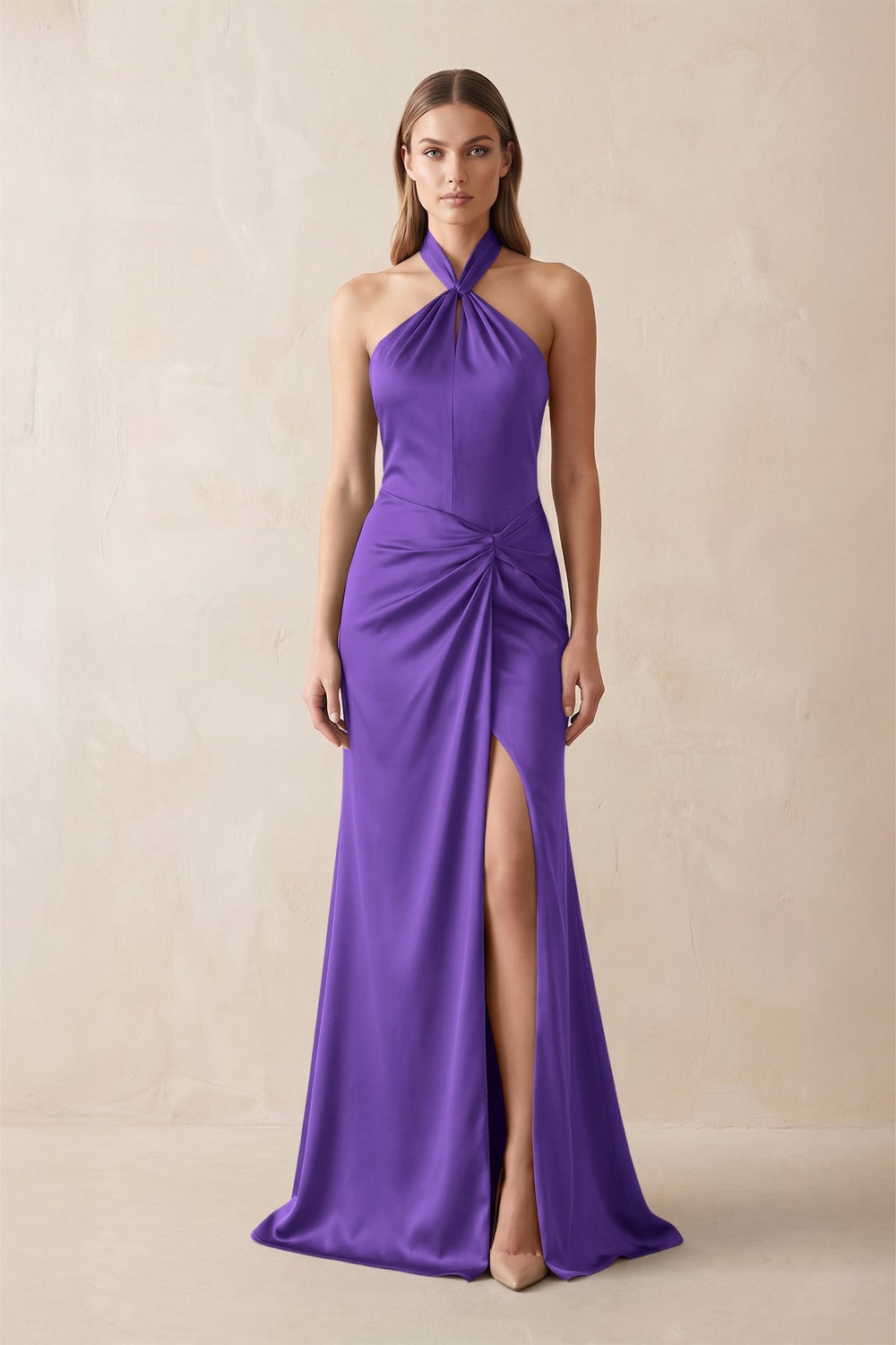Halter Ruched Sheath Satin Bridesmaid Dress in Tahiti - KissProm Bridesmaid Dresses