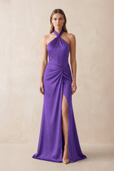 Halter Ruched Sheath Satin Bridesmaid Dress in Tahiti - KissProm Bridesmaid Dresses