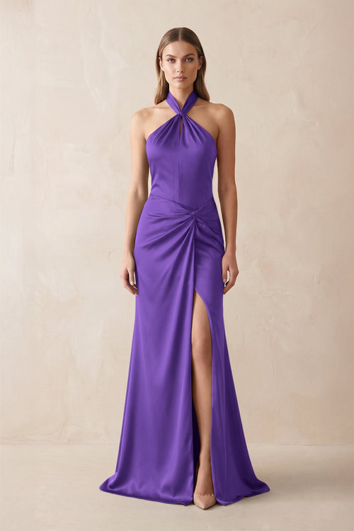Halter Ruched Sheath Satin Bridesmaid Dress in Tahiti - KissProm Bridesmaid Dresses