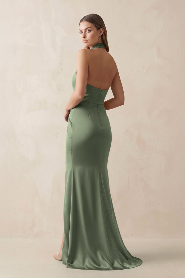 Halter Ruched Sheath Satin Bridesmaid Dress in Thyme - KissProm Bridesmaid Dresses