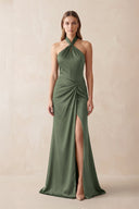Halter Ruched Sheath Satin Bridesmaid Dress in Thyme - KissProm Bridesmaid Dresses