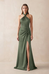 Halter Ruched Sheath Satin Bridesmaid Dress in Thyme - KissProm Bridesmaid Dresses