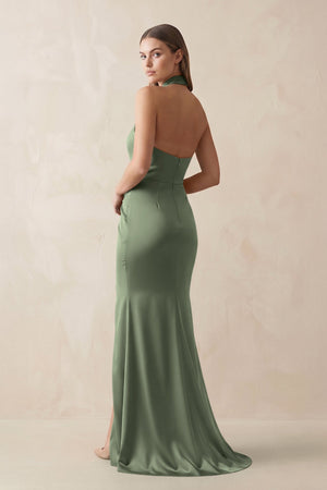 Halter Ruched Sheath Satin Bridesmaid Dress in Thyme - KissProm Bridesmaid Dresses