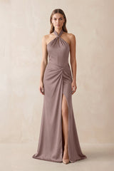 Halter Ruched Sheath Satin Bridesmaid Dress in Toffee - KissProm Bridesmaid Dresses