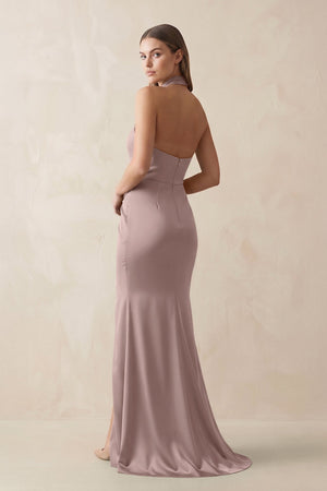 Halter Ruched Sheath Satin Bridesmaid Dress in Toffee - KissProm Bridesmaid Dresses