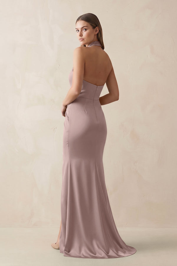 Halter Ruched Sheath Satin Bridesmaid Dress in Toffee - KissProm Bridesmaid Dresses