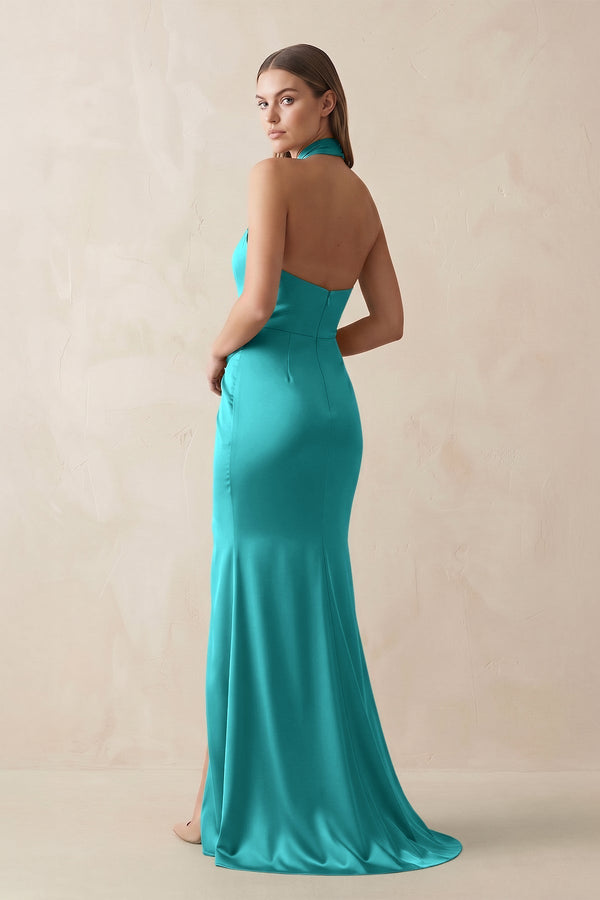 Halter Ruched Sheath Satin Bridesmaid Dress in Turquoise - KissProm Bridesmaid Dresses