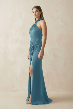 Halter Ruched Sheath Satin Bridesmaid Dress in Twilight - KissProm Bridesmaid Dresses