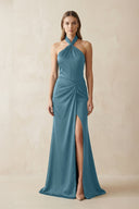 Halter Ruched Sheath Satin Bridesmaid Dress in Twilight - KissProm Bridesmaid Dresses