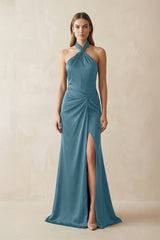 Halter Ruched Sheath Satin Bridesmaid Dress in Twilight - KissProm Bridesmaid Dresses