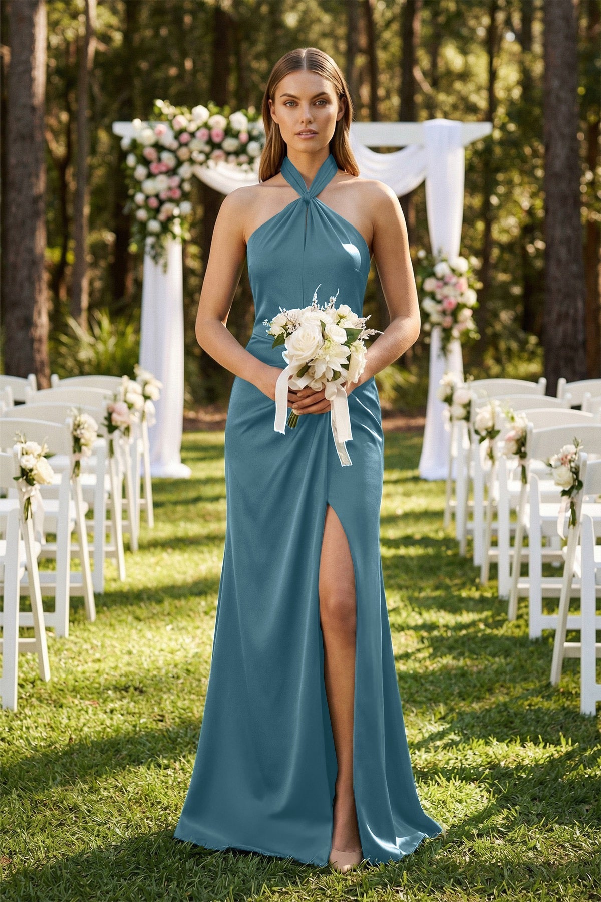 Halter Ruched Sheath Satin Bridesmaid Dress in Twilight, Twilight / 24 Halter Ruched Sheath Satin Bridesmaid Dress in Twilight, Twilight / 24