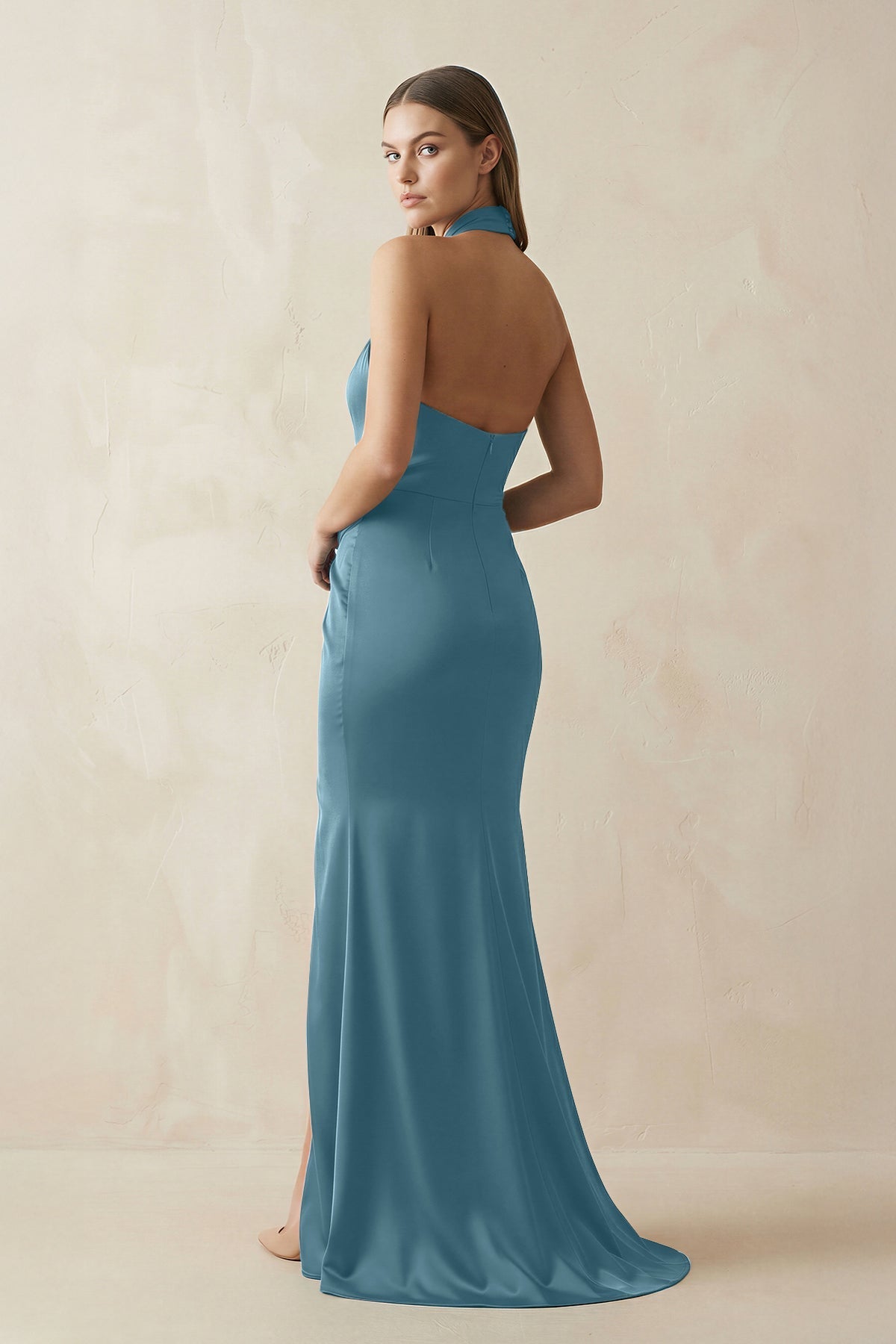 Halter Ruched Sheath Satin Bridesmaid Dress in Twilight, Twilight / 24