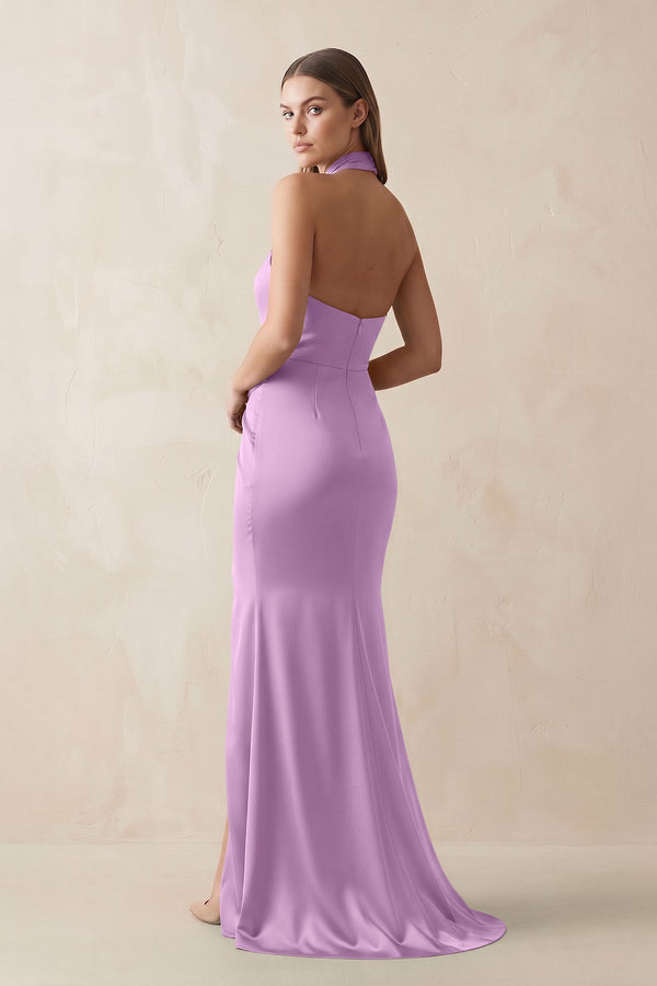 Halter Ruched Sheath Satin Bridesmaid Dress in Vintage Mauve - KissProm Bridesmaid Dresses
