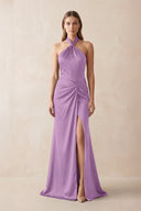 Halter Ruched Sheath Satin Bridesmaid Dress in Vintage Mauve - KissProm Bridesmaid Dresses