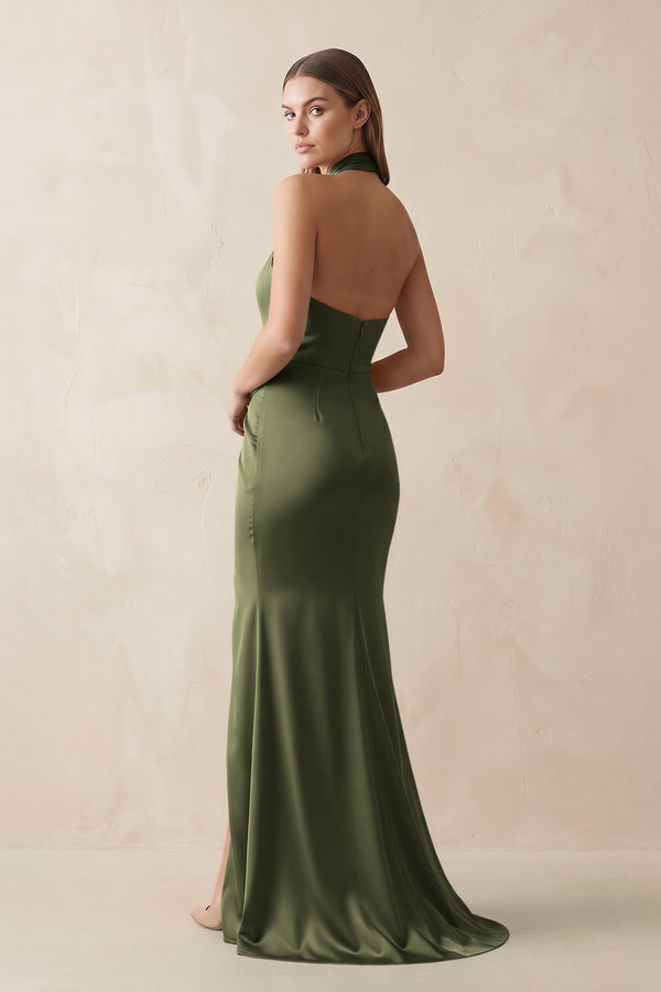 Halter Ruched Sheath Satin Bridesmaid Dress in Willow Green - KissProm Bridesmaid Dresses