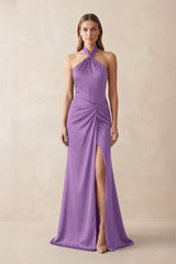 Halter Ruched Sheath Satin Bridesmaid Dress in Wisteria - KissProm Bridesmaid Dresses