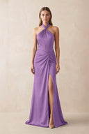 Halter Ruched Sheath Satin Bridesmaid Dress in Wisteria - KissProm Bridesmaid Dresses