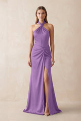Halter Ruched Sheath Satin Bridesmaid Dress in Wisteria - KissProm Bridesmaid Dresses