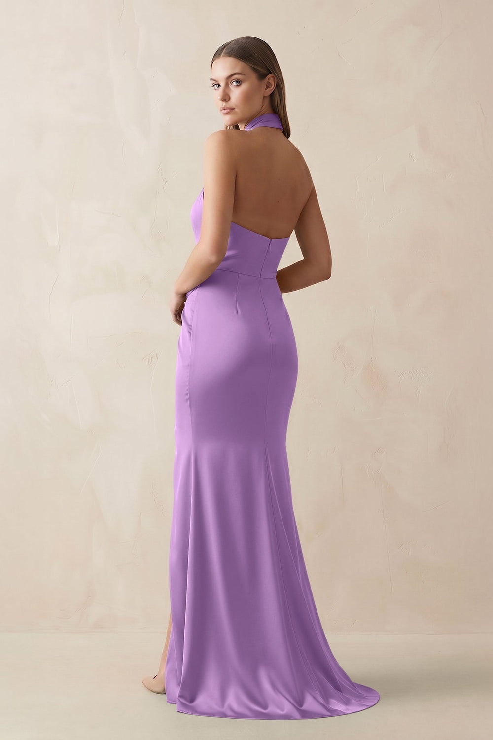Halter Ruched Sheath Satin Bridesmaid Dress in Wisteria - KissProm Bridesmaid Dresses