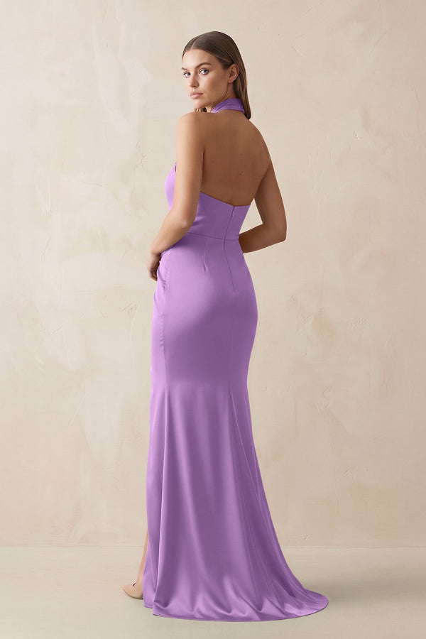 Halter Ruched Sheath Satin Bridesmaid Dress in Wisteria - KissProm Bridesmaid Dresses