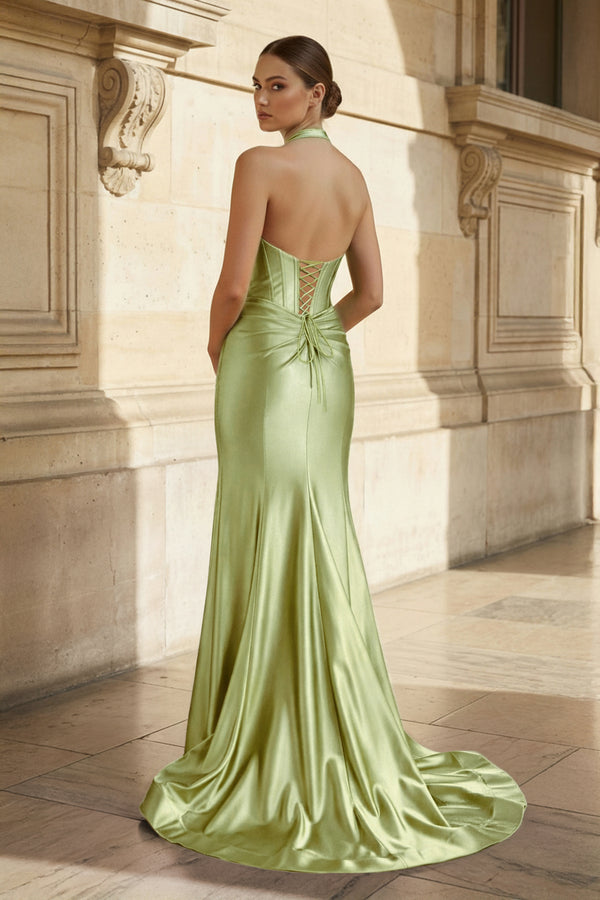 Navy Halter Corset Mermaid Ruched Long Formal Dress with Slit - KISSPROM PROM DRESSES
