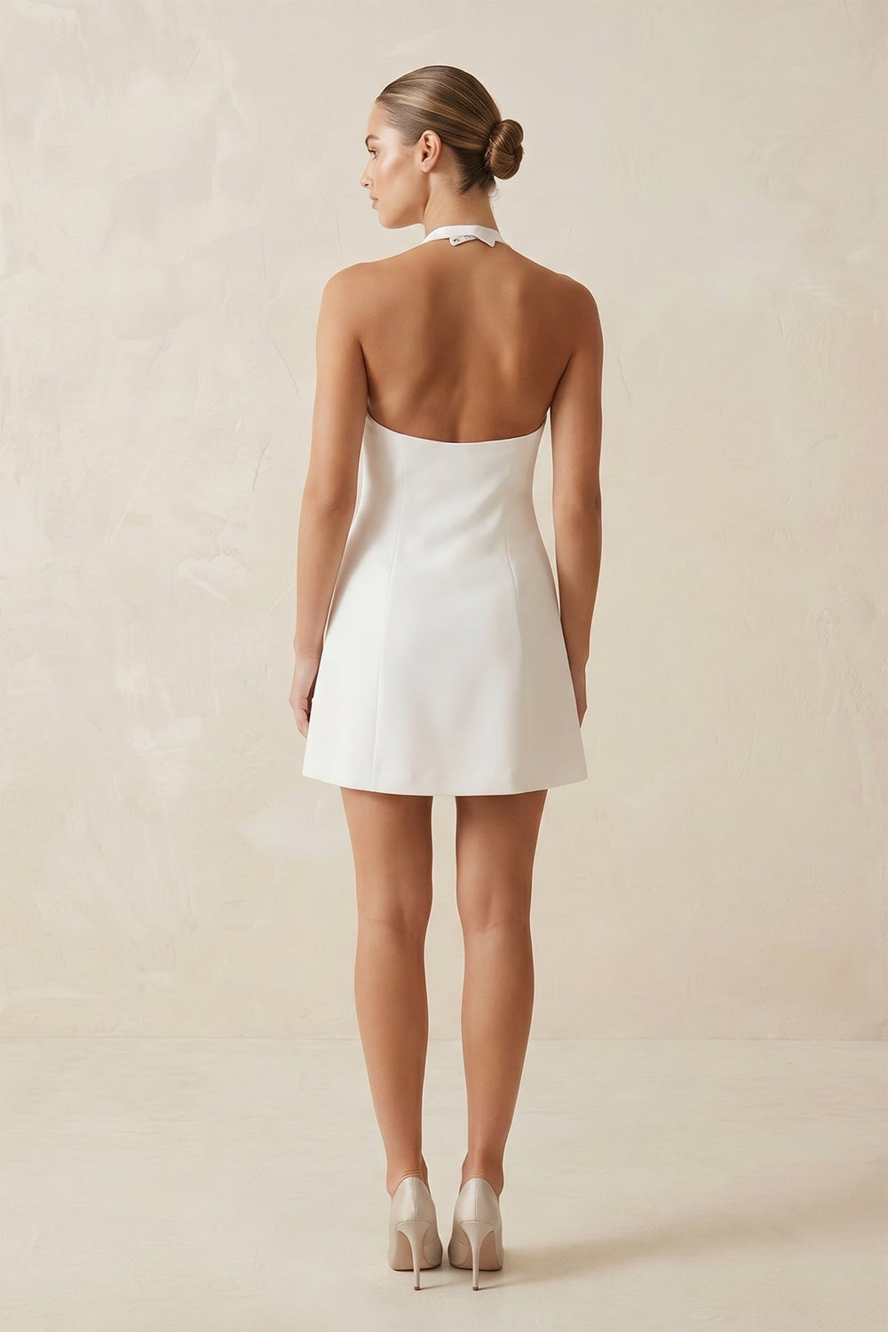 Halter Satin A - Line Mini Wedding Dress with Bow in White - KissProm Wedding Dresses