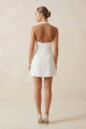 Halter Satin A - Line Mini Wedding Dress with Bow in White - KissProm Wedding Dresses